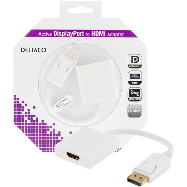 Deltaco DisplayPort till HDMI-adapter med ljud, guldpläterad, 4K, 0,2m, vit