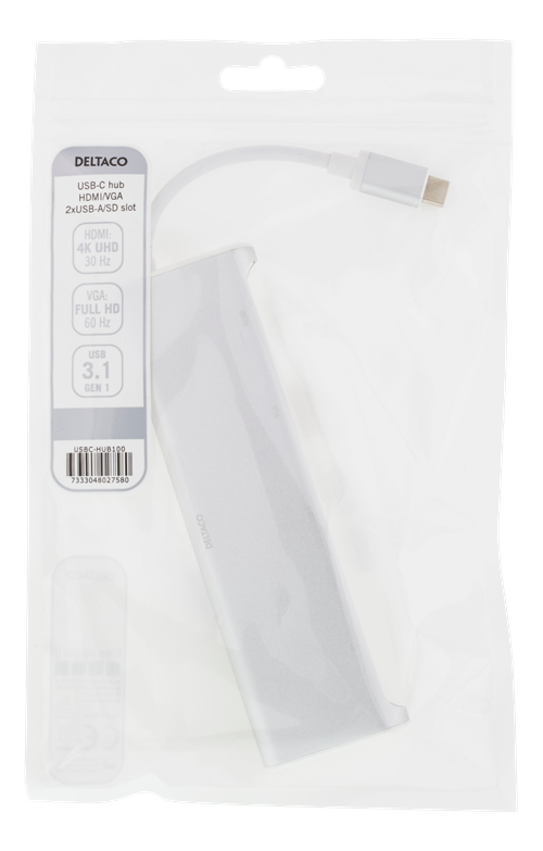 Deltaco USB-C hubb, 1x HDMI 4K at 30Hz, 1x VGA, 2x USB-A 3.1, 1x SD-kortläsare, vit - 2