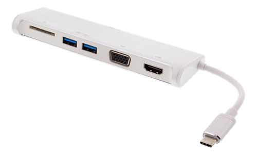 Deltaco USB-C hubb, 1x HDMI 4K at 30Hz, 1x VGA, 2x USB-A 3.1, 1x SD-kortläsare, vit