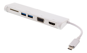 Deltaco USB-C hubb, 1x HDMI 4K at 30Hz, 1x VGA, 2x USB-A 3.1, 1x SD-kortläsare, vit