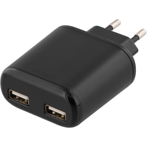 Deltaco Väggladdare, 4,8A, 2xUSB-portar, svart