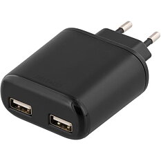 Deltaco Väggladdare, 4,8A, 2xUSB-portar, svart