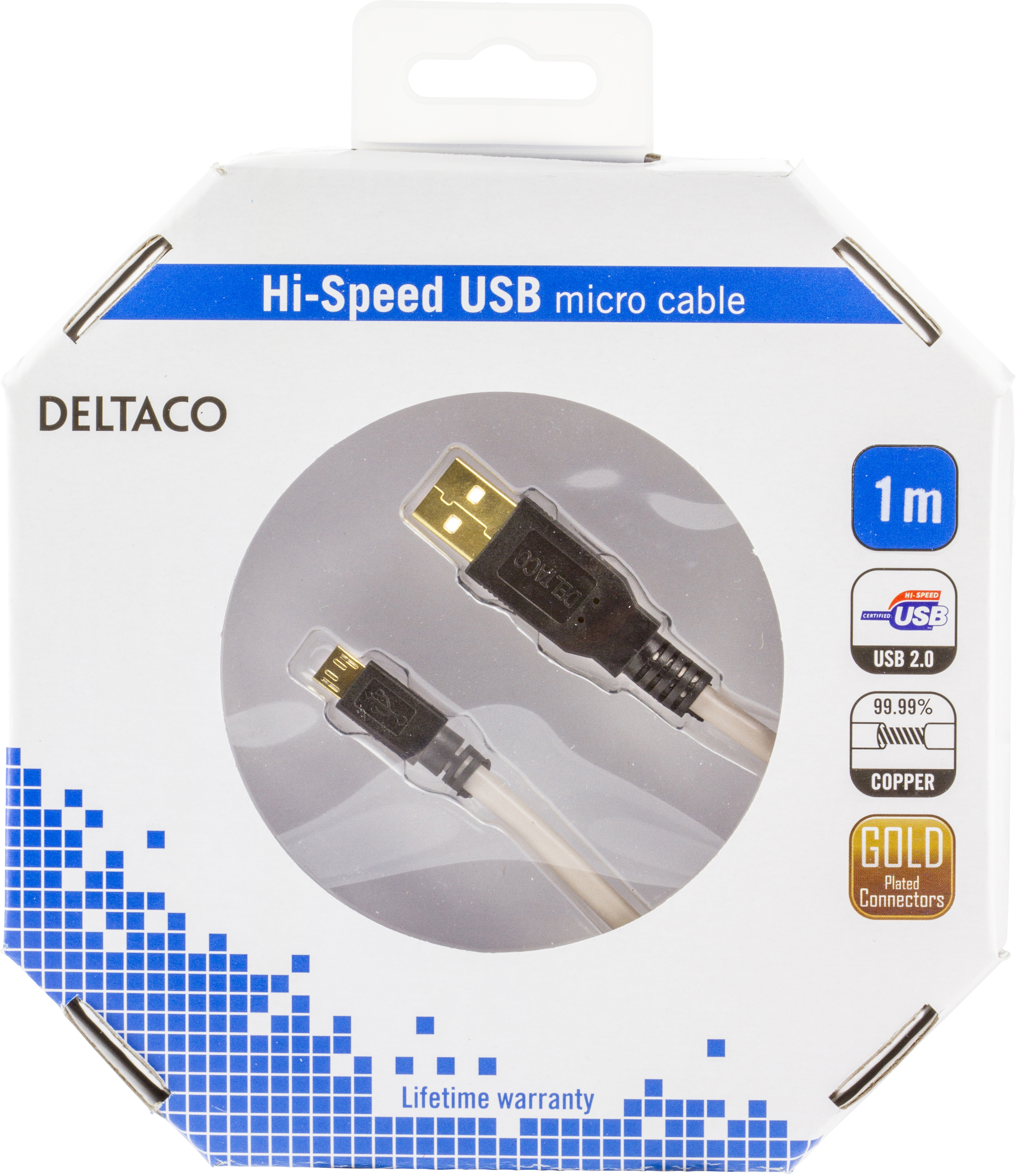 Deltaco USB-kabel, Typ A ha - Typ Micro B ha, grå/svart, guldplätterad, 1m - 3