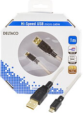 Deltaco USB-kabel, Typ A ha - Typ Micro B ha, grå/svart, guldplätterad, 1m