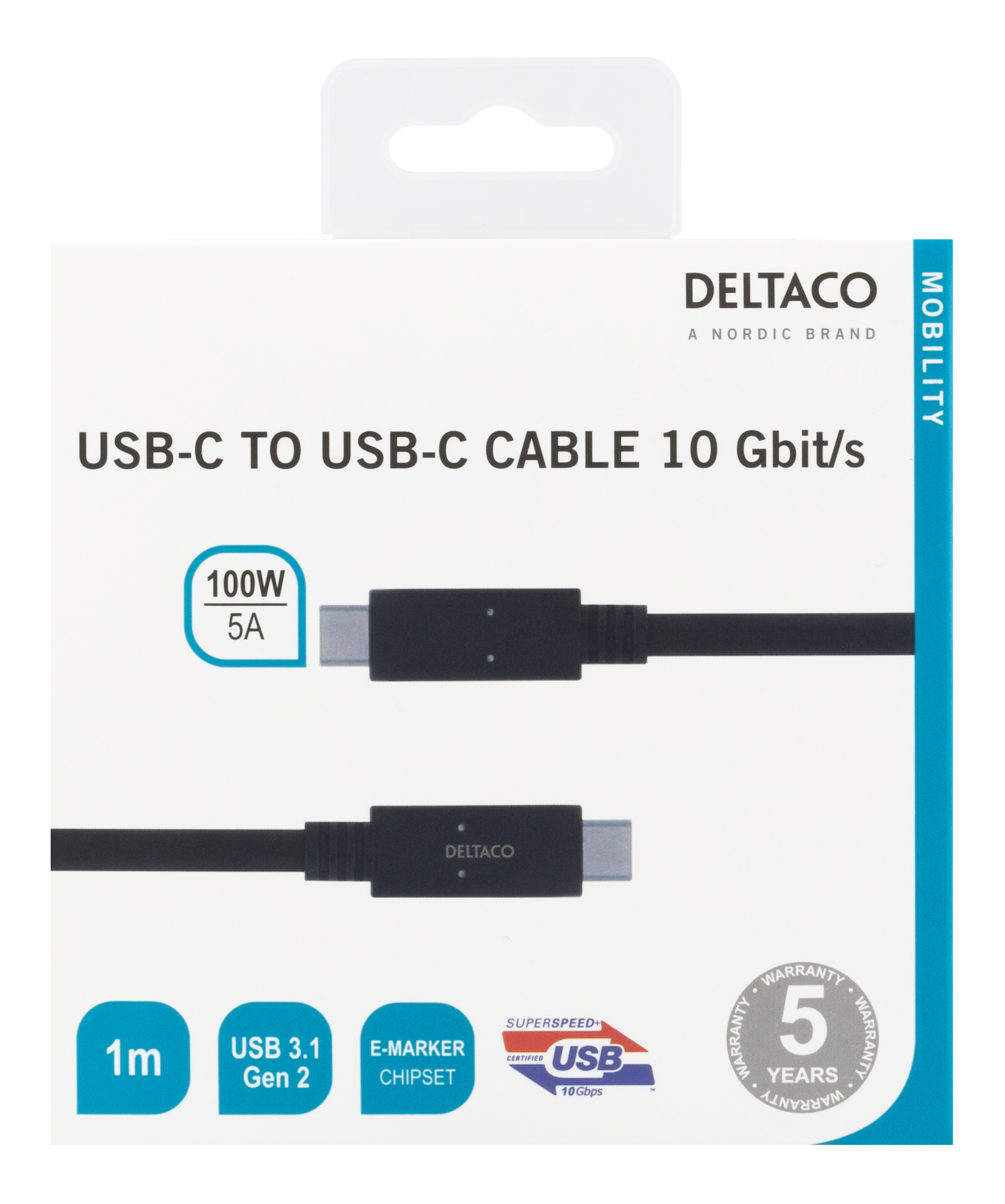 Deltaco USB-C till USB-C-kabel, 1m, 100W 5A, USB 3.1 Gen 2, E-Marked, svart - 2