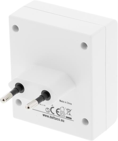 Deltaco Väggladdare och nattlampa med ljussensor, 230V till 5V USB, 2,1A, 2xUSB-portar, vit - 2