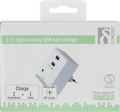 Deltaco Väggladdare och nattlampa med ljussensor, 230V till 5V USB, 2,1A, 2xUSB-portar, vit - 3