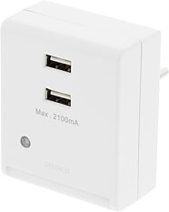 Deltaco Väggladdare och nattlampa med ljussensor, 230V till 5V USB, 2,1A, 2xUSB-portar, vit