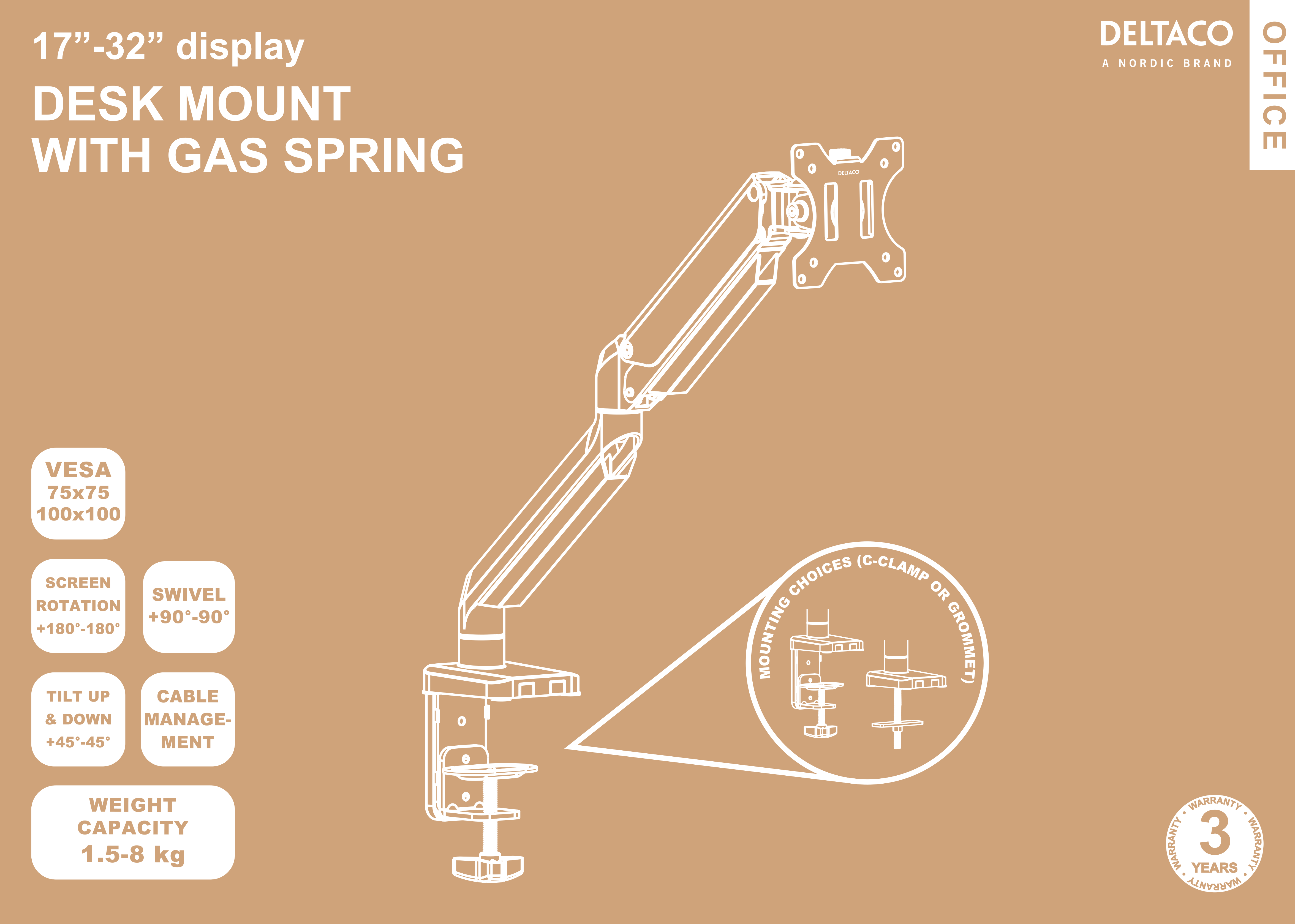 Deltaco Office Premium monitor arm med gasfjäder, 17"-32", svart - 10