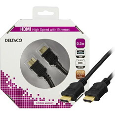 Deltaco HDMI-kabel, guldpläterade kontakter, 0,5m, 4K, 3D, svart