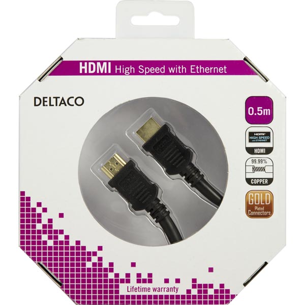 Deltaco HDMI-kabel, guldpläterade kontakter, 0,5m, 4K, 3D, svart - 3