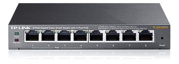 TP-Link 8-port Gigabit Easy Smart Switch, PoE 55W, 802.3af, metall, svar