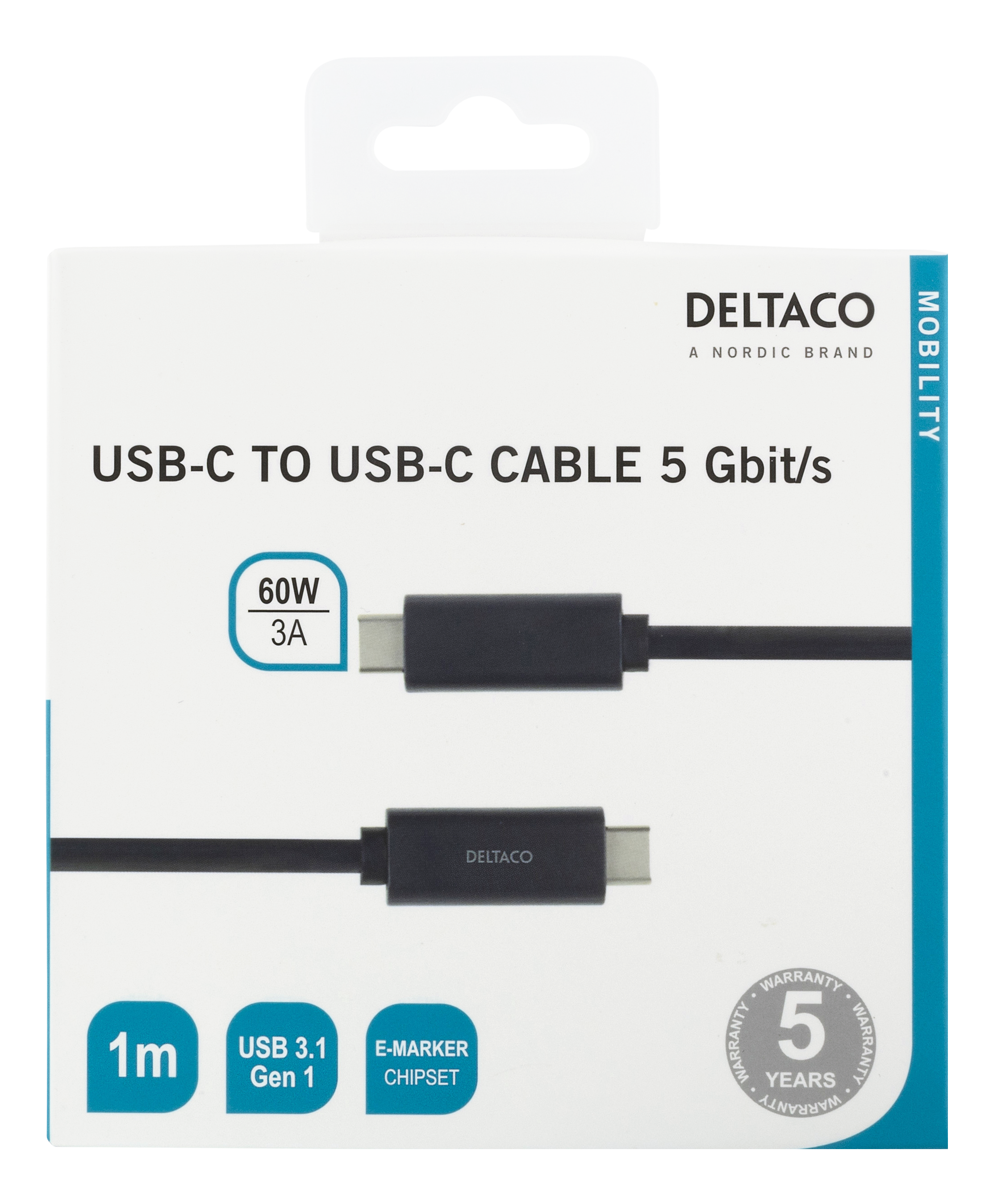 Deltaco USB-C till USB-C-kabel, 1m, 60W 3A, USB 3.1 Gen 1, svart - 2