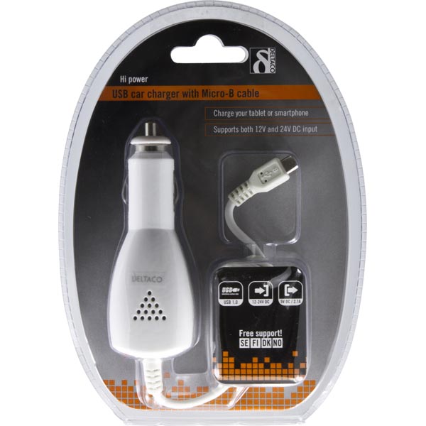 Deltaco strömadapter från Cigguttag 12~24V till 5V 2,1A USB Typ Micro B ha, 1m, vit - 2