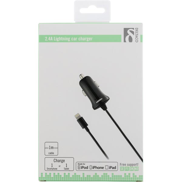 Deltaco Billaddare med lightning-kontakt, 2,4A, MFi, 12-18V DC input, 1m , svart - 2