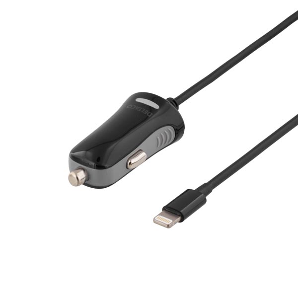 Deltaco Billaddare med lightning-kontakt, 2,4A, MFi, 12-18V DC input, 1m , svart