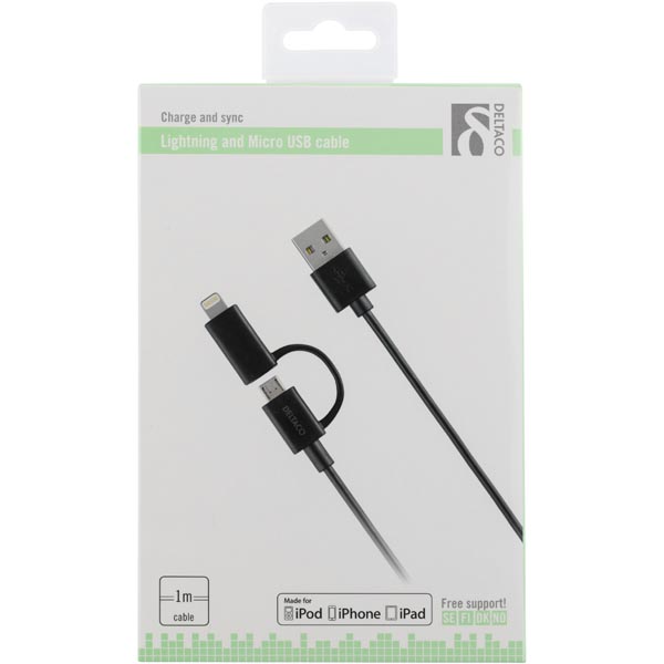 Deltaco USB Typ A ha - USB Micro B ha och lightning ha, 1m, svart - 2