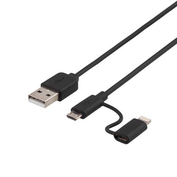 Deltaco USB Typ A ha - USB Micro B ha och lightning ha, 1m, svart