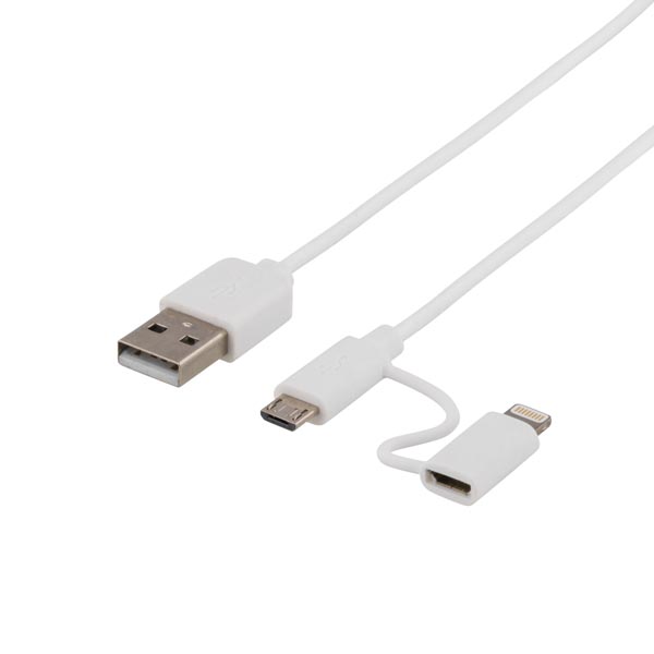 Deltaco USB Typ A ha - USB Micro B ha och lightning ha, 1m, vit