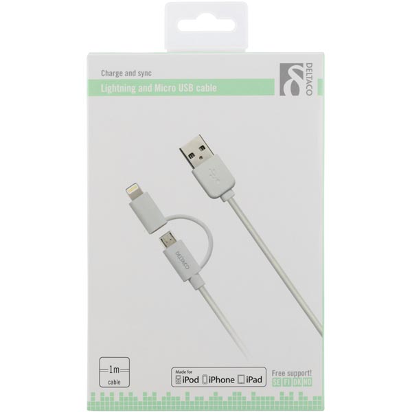Deltaco USB Typ A ha - USB Micro B ha och lightning ha, 1m, vit - 2
