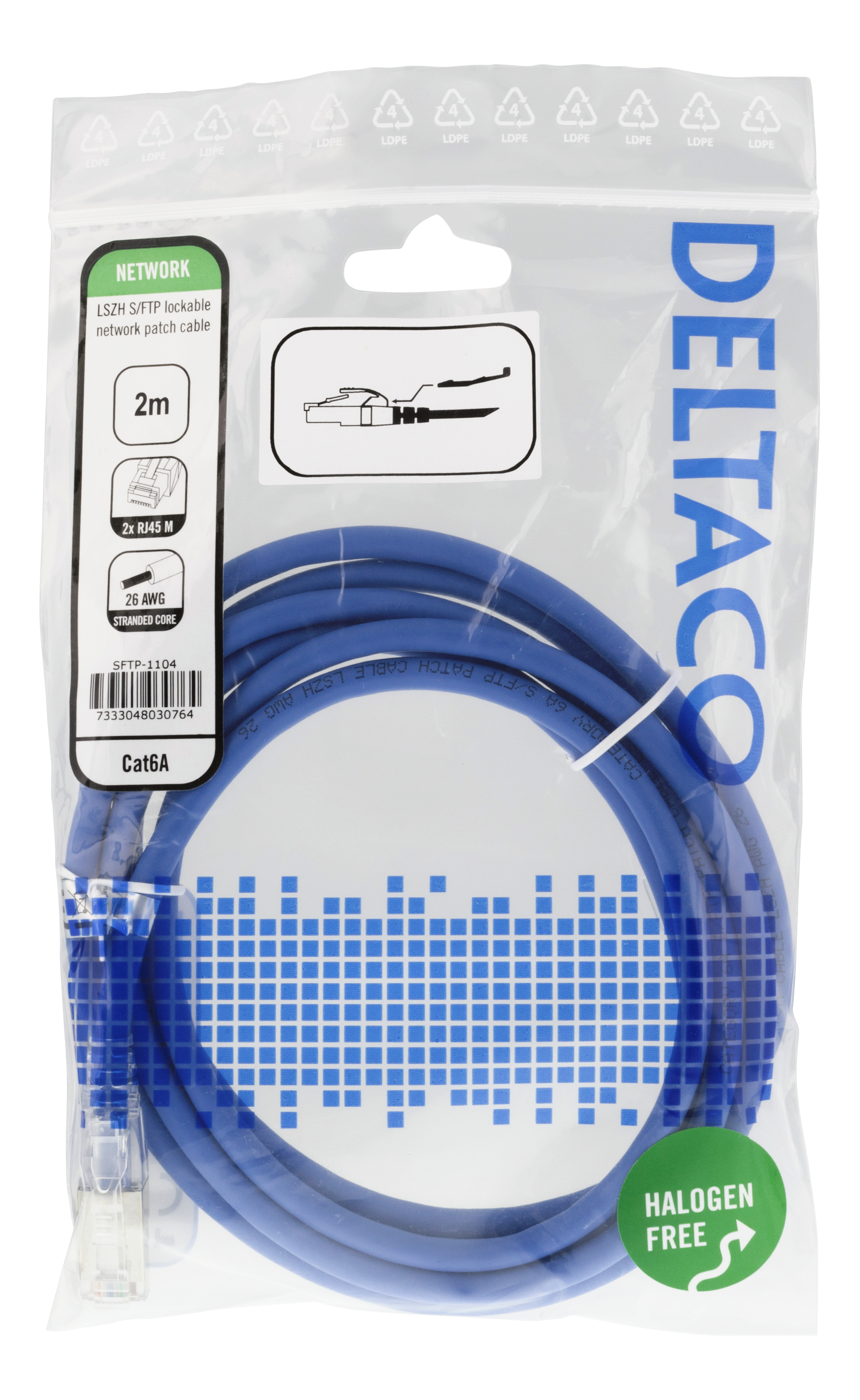 Deltaco S/FTP Cat6A patchkabel, 2m, låsbara kontakter, blå - 2