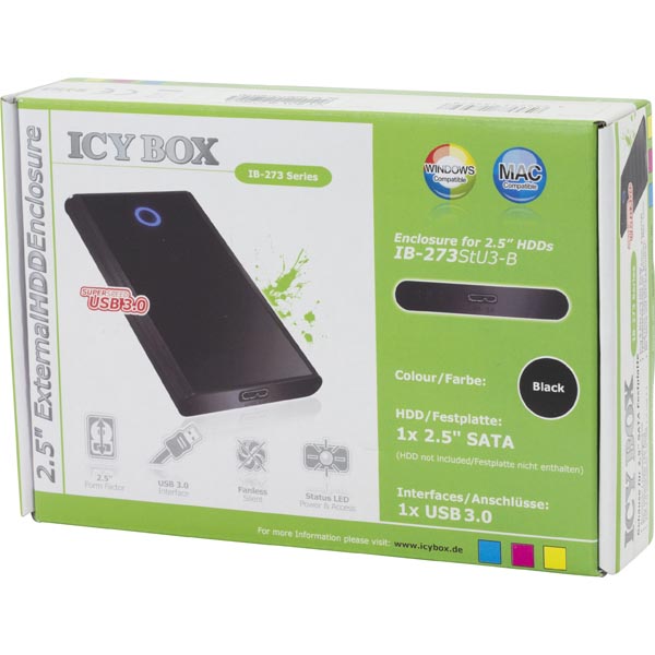 ICY BOX externt kabinett för 1x2,5" SATA-hårddisk, USB 3.0, aluminium, svart - 3