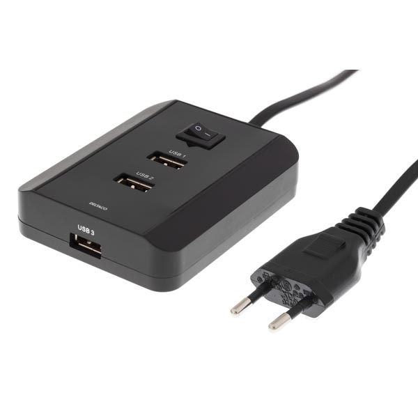 Deltaco Väggladdare, 3xUSB-portar, svart