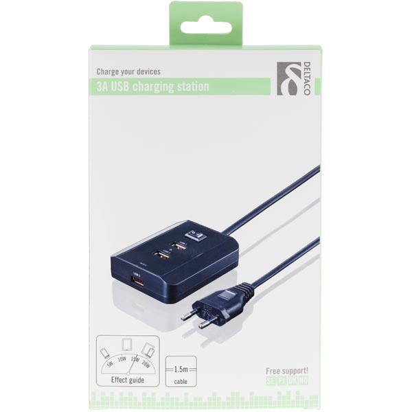 Deltaco Väggladdare, 3xUSB-portar, svart - 3