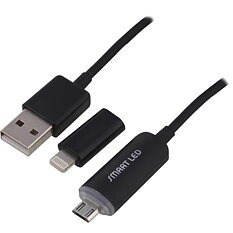 EPZI SMART LED - USB-synk-/laddarkabel med LED-indikator, inkl lightning adapter, 1m, svart
