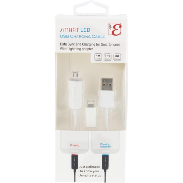 EPZI SMART LED - USB-synk-/laddarkabel med LED-indikator, inkl lightning adapter, 1m, vit - 2