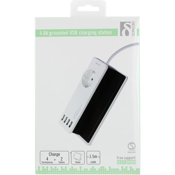 Deltaco Jordad USB-laddningsstation, 4,8A, 4xUSB-portar, 1,5m, vit - 4