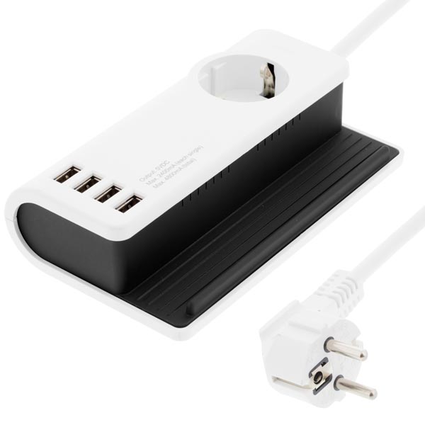 Deltaco Jordad USB-laddningsstation, 4,8A, 4xUSB-portar, 1,5m, vit