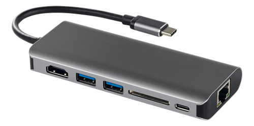 Deltaco USB-C dockningsstation med HDMI, RJ45, 2xUSB Typ A, USB-C port för laddning, minneskortsläsare, svart