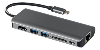 Deltaco USB-C dockningsstation med HDMI, RJ45, 2xUSB Typ A, USB-C port för laddning, minneskortsläsare, svart
