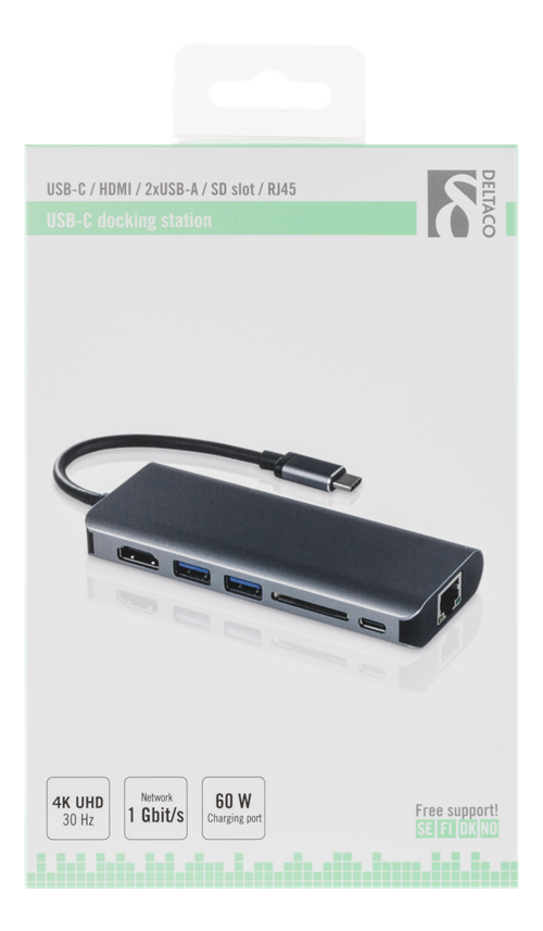 Deltaco USB-C dockningsstation med HDMI, RJ45, 2xUSB Typ A, USB-C port för laddning, minneskortsläsare, svart - 2
