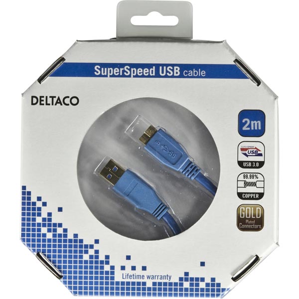 Deltaco USB 3.0 kabel, Typ A ha - Typ Micro B ha, guldplätterade kontakter, 2m, blå - 3