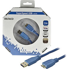 Deltaco USB 3.0 kabel, Typ A ha - Typ Micro B ha, guldplätterade kontakter, 2m, blå