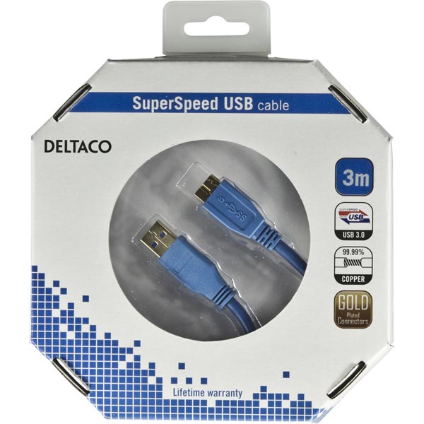 Deltaco USB 3.0 kabel, Typ A ha - Typ Micro B ha, guldplätterade kontakter, 3m, blå - 3