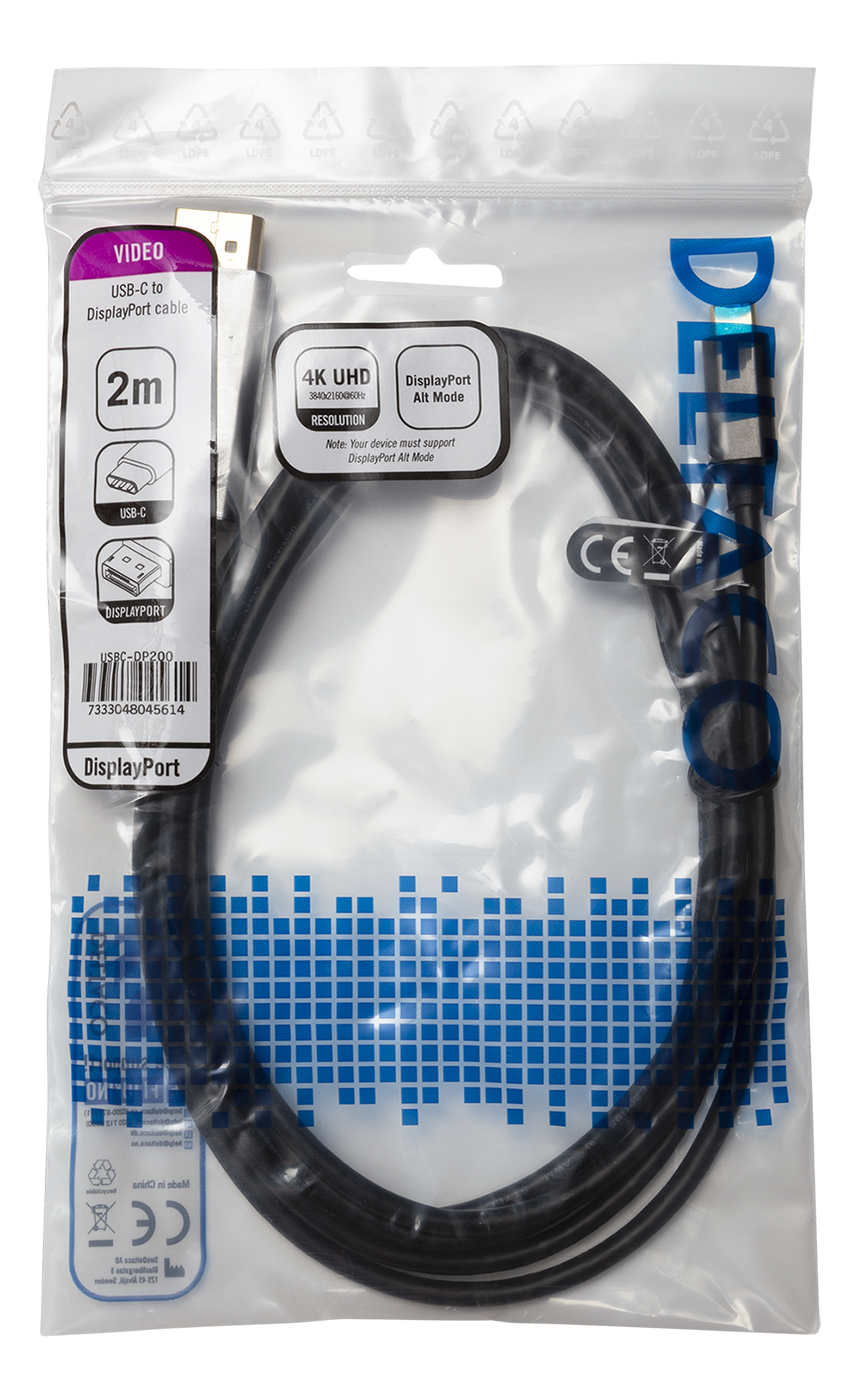 Deltaco USB-C till DisplayPort-kabel, 2m, 3840x2160 i 60Hz, 21,6 Gb/s, svart - 2