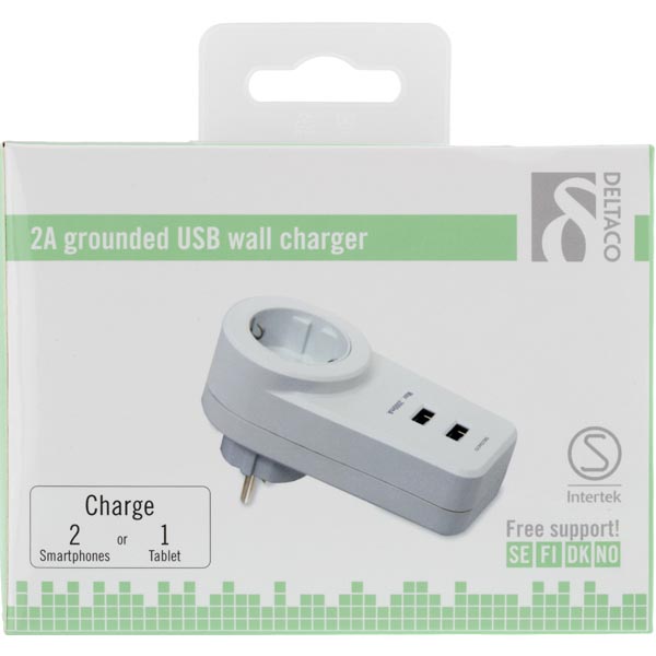 Deltaco Jordad USB-väggladdare, 2A, 2xUSB-portar, vit - 3