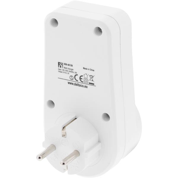 Deltaco Jordad USB-väggladdare, 2A, 2xUSB-portar, vit - 2