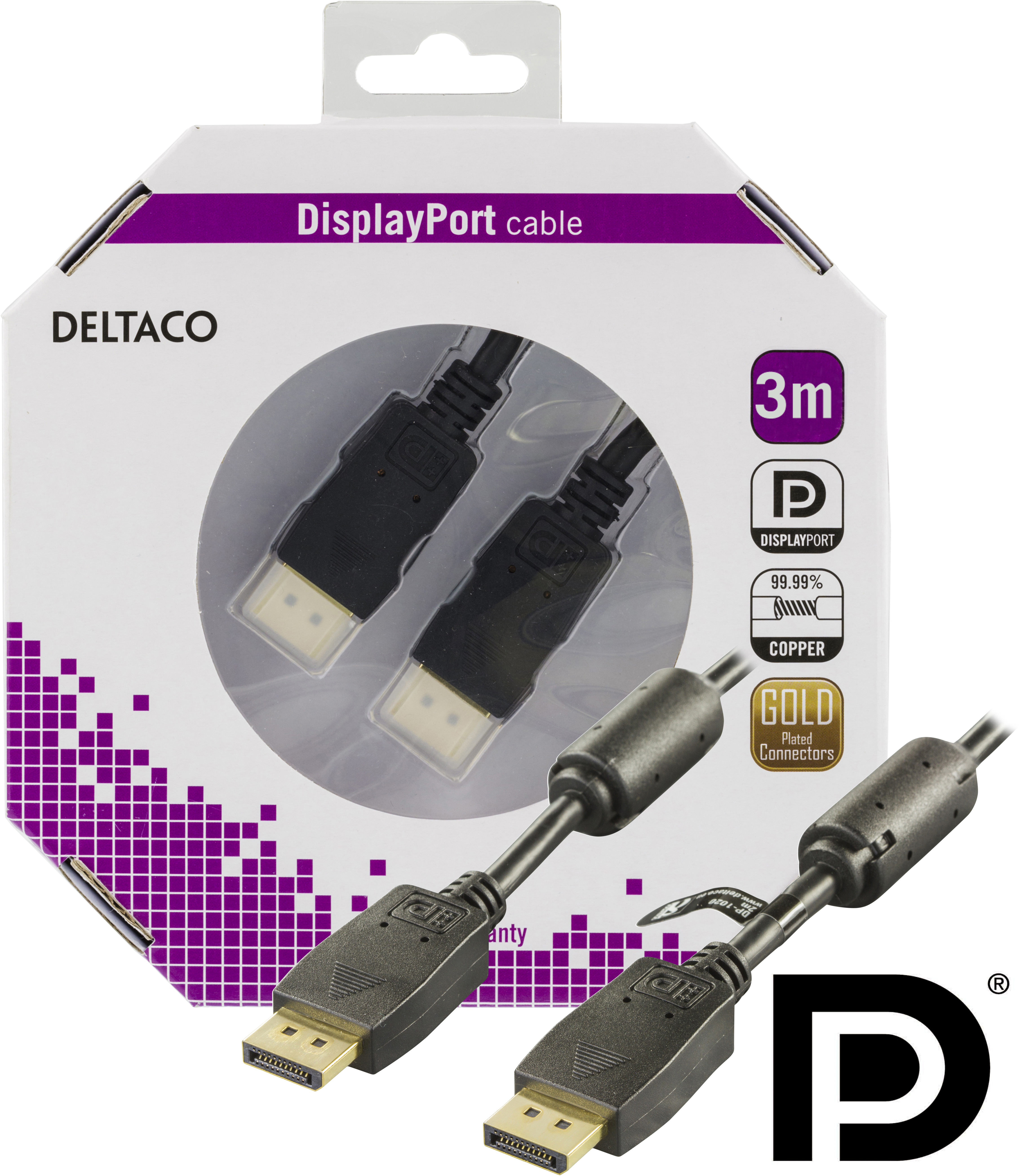 Deltaco DisplayPort monitorkabel, 60Hz, 21,6 Gb/s, 1m, svart