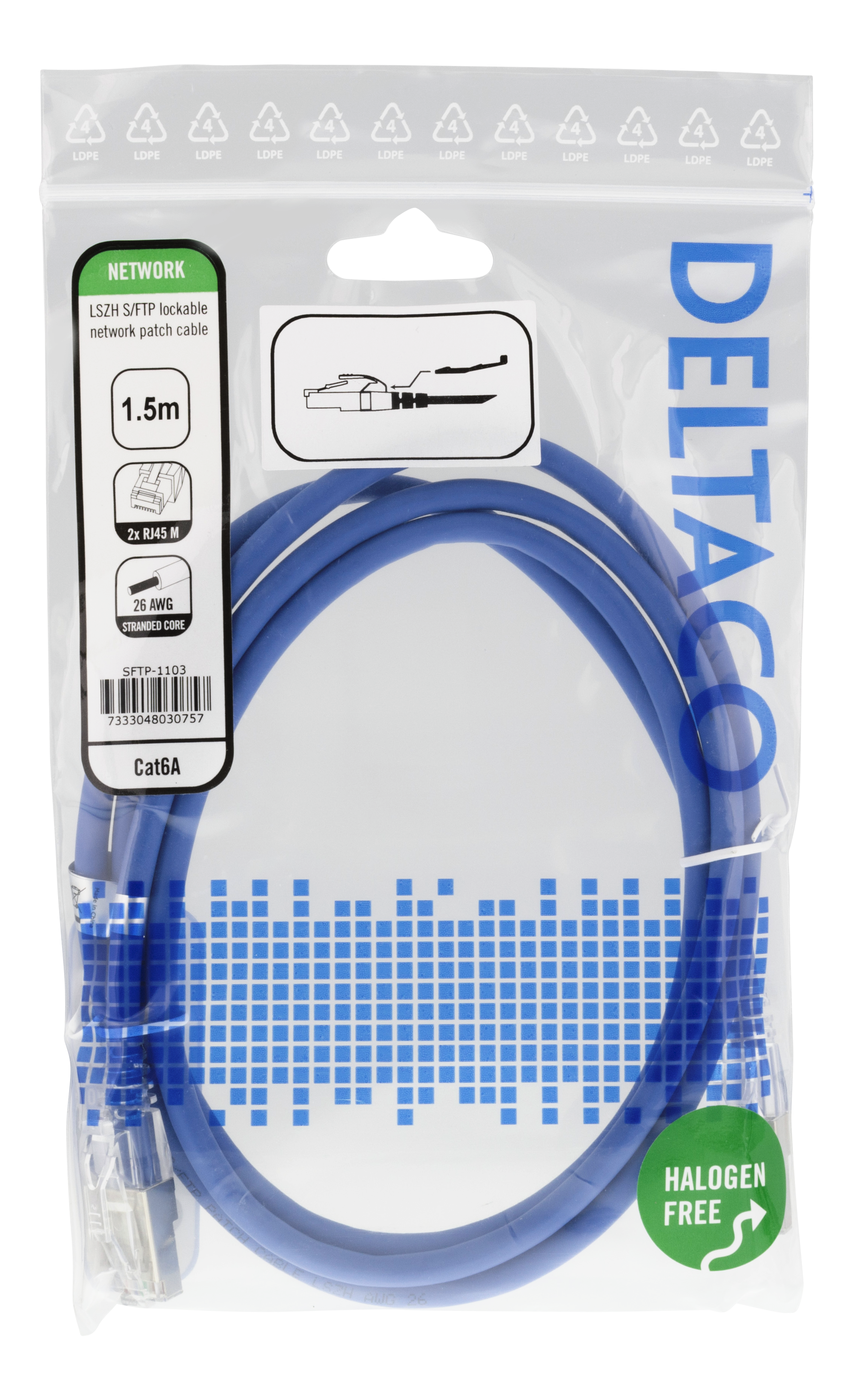 Deltaco S/FTP Cat6A patchkabel, 1,5m, låsbara kontakter, blå - 2