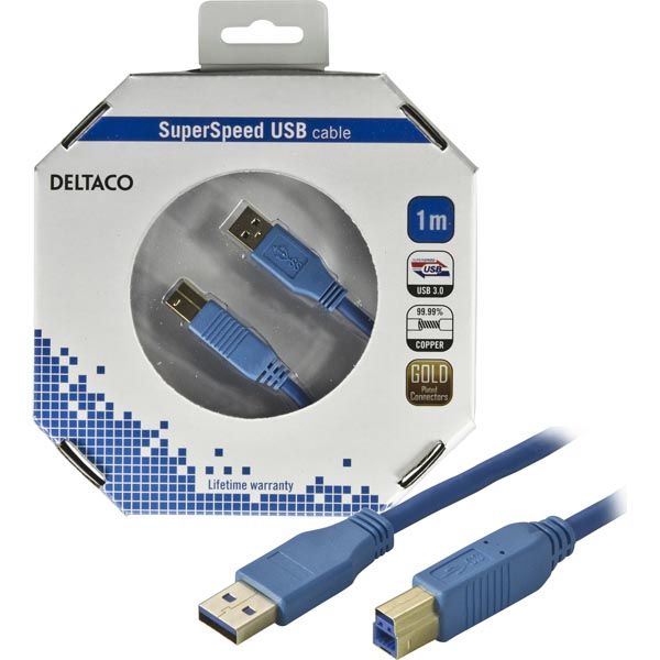 Deltaco USB 3.0 kabel, Typ A ha - Typ B ha, guldplätterade kontakter,1m, blå