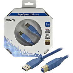 Deltaco USB 3.0 kabel, Typ A ha - Typ B ha, guldplätterade kontakter,1m, blå