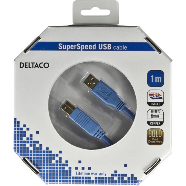 Deltaco USB 3.0 kabel, Typ A ha - Typ B ha, guldplätterade kontakter,1m, blå - 3