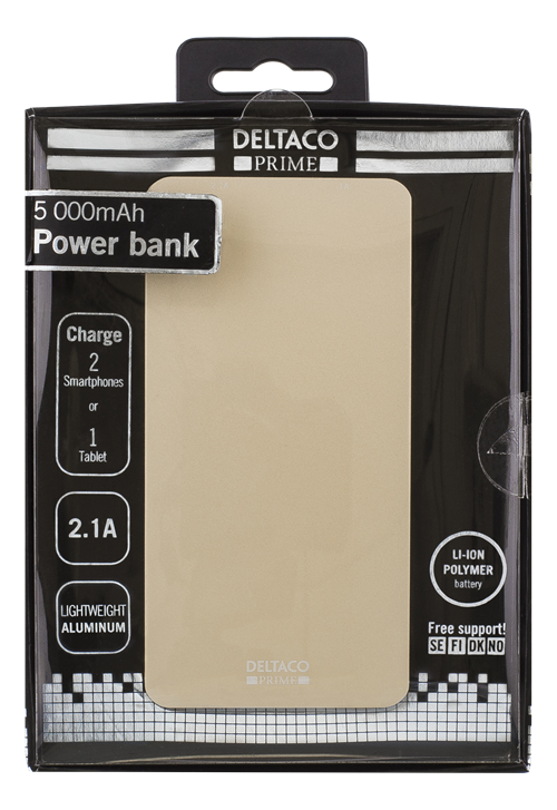 Deltaco Prime Power bank, 5000mAh, 5V 2,1A, 2xUSB Typ A hona, aluminium, guld - 3
