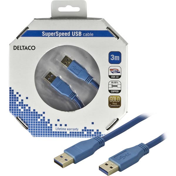 Deltaco USB 3.0 kabel, Typ A ha - Typ A ha, guldplätterade kontakter, 3m, blå