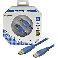Deltaco USB 3.0 kabel, Typ A ha - Typ A ha, guldplätterade kontakter, 3m, blå