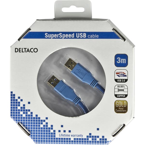 Deltaco USB 3.0 kabel, Typ A ha - Typ A ha, guldplätterade kontakter, 3m, blå - 3